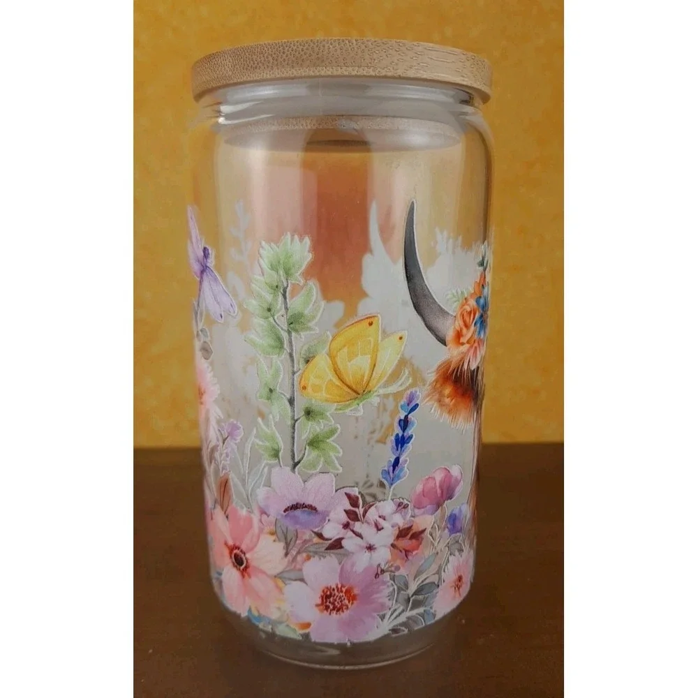 Midland Brown Cow With Wildflowers 12oz Frosted Glass Tumbler With Straw‎